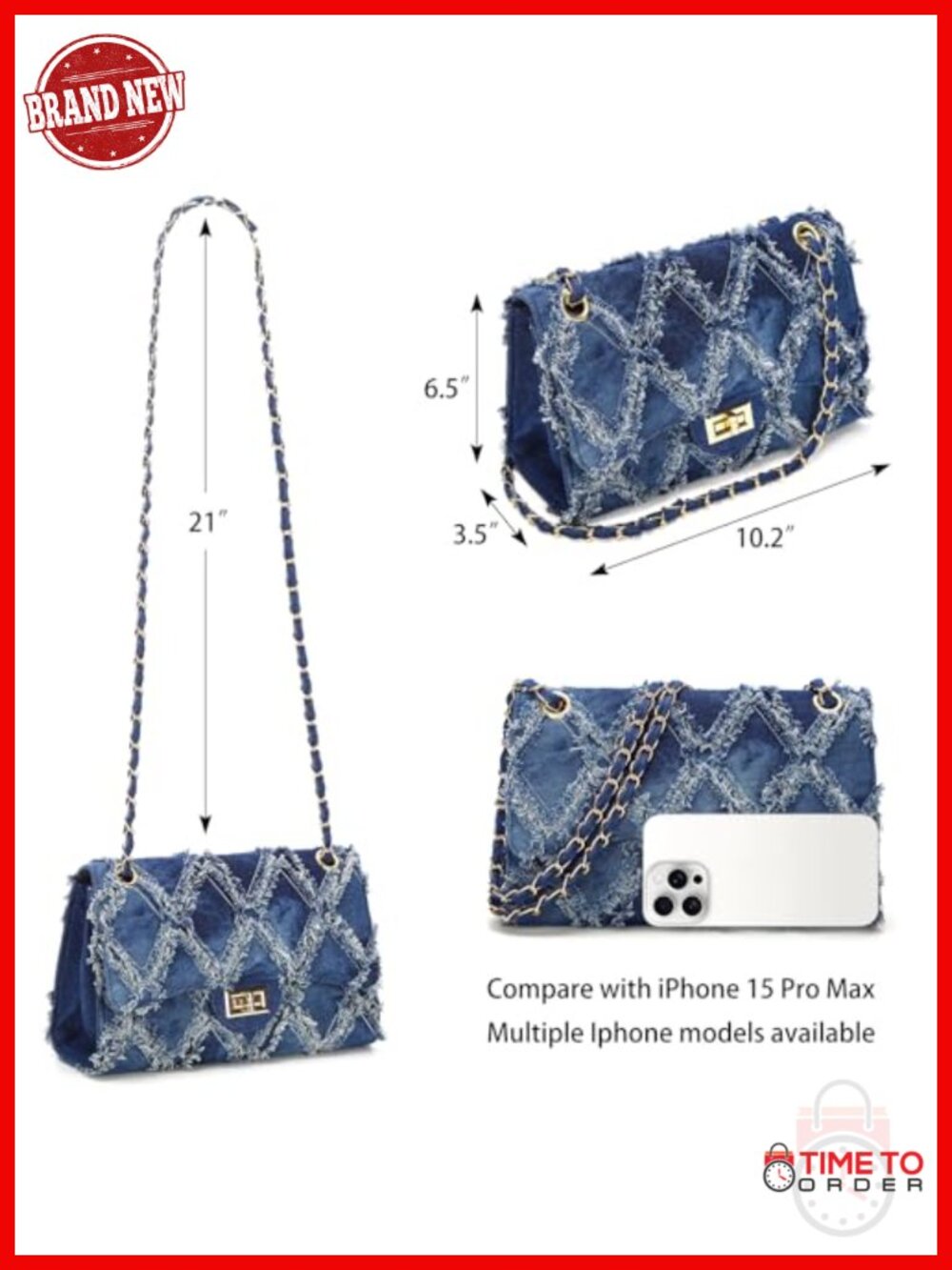 Quilted Denim Crossbody Bag Satchel Shoulder Purse with Chain Strap - Picture 5 of 6